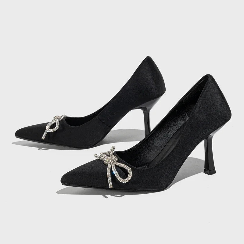 Crystal Bowknot Pointed Toe Women Pumps - Thin High Heels for Spring and Autumn