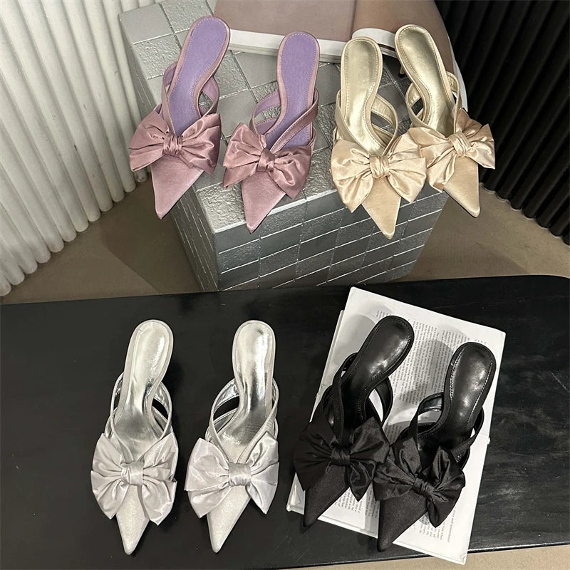 Spring Women Slippers Sandals with Butterfly-knot Detail and Pointed Toe High Heel Pumps