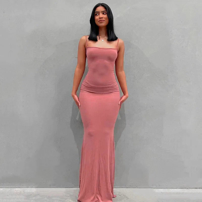 Ribbed Knit Spaghetti Strap Scoop Neck Mermaid Hem Maxi Dress