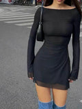 Boat Neck Long Sleeve Sheer Mesh Cuff Overlay Bodycon Mini Dress