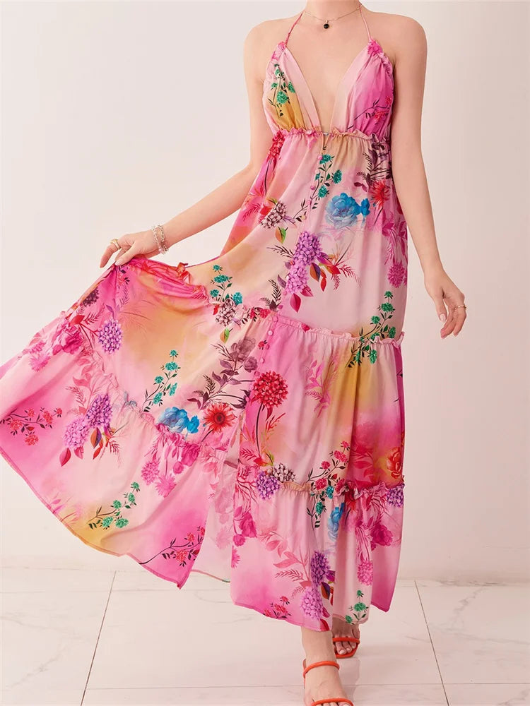 Floral Print Halter Deep V-Neck Tiered Ruffle Trim Maxi Dress