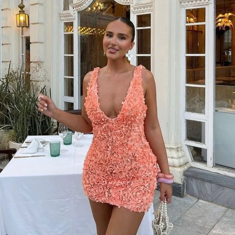 Deep V-Neck 3D Rosette Applique Bodycon Mini Dress