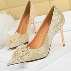 Rhinestone Pearl Flower High Heel Luxury Party Shoes Woman