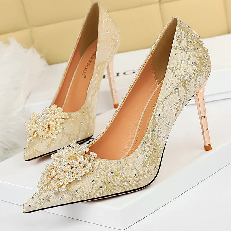 Rhinestone Pearl Flower High Heel Luxury Party Shoes Woman