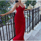 Deep V-Neck Spaghetti Strap Diagonal Tiered Ruffle Maxi Dress