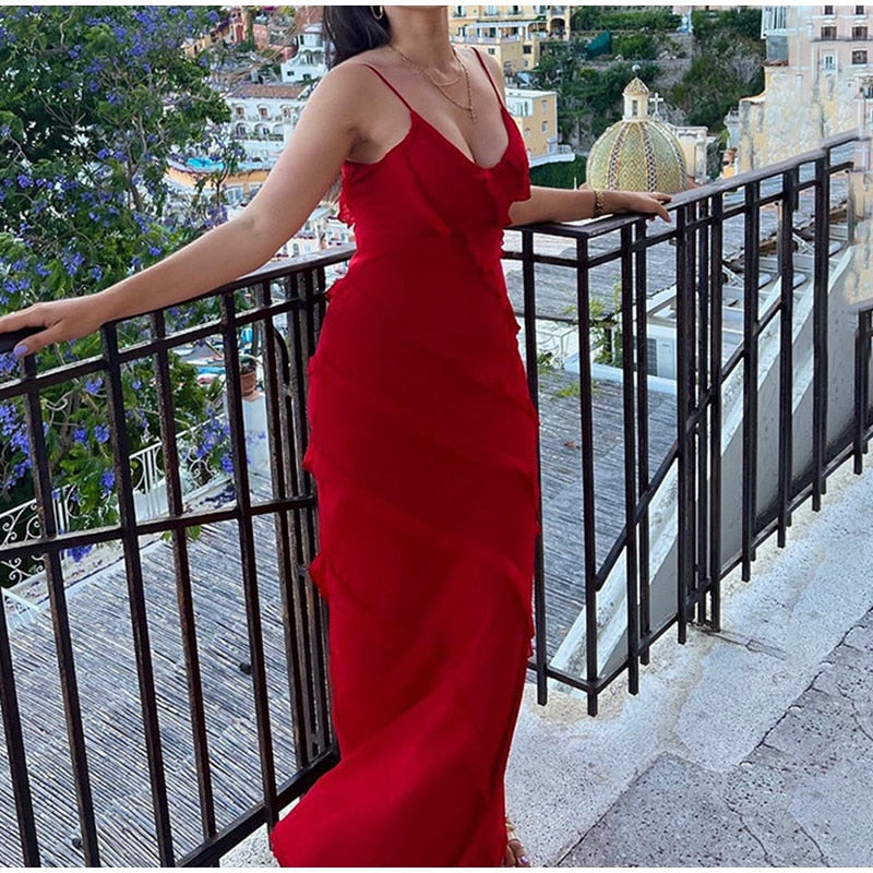 Deep V-Neck Spaghetti Strap Diagonal Tiered Ruffle Maxi Dress