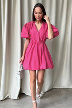 V-Neck High Waist Pleated Mini Dress with Short Sleeves