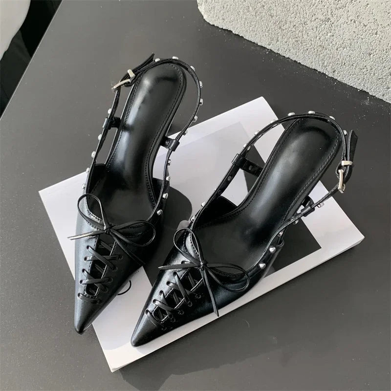 Rivets Buckle Strap Women Pumps with Thin Heels for Party or Stripping