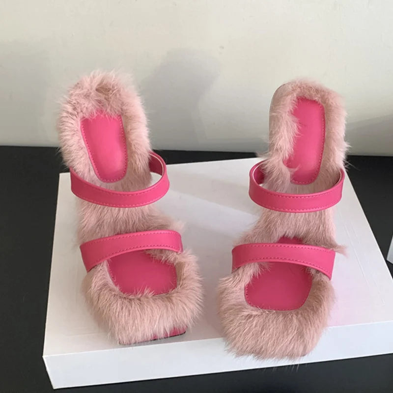 Chunky High Heels Platform Slippers Cozy Short Plush Square Toe Sandals for Summer
