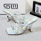 Summer square toe stiletto sandals slippers with a graceful design, featuring a 10cm heel height.