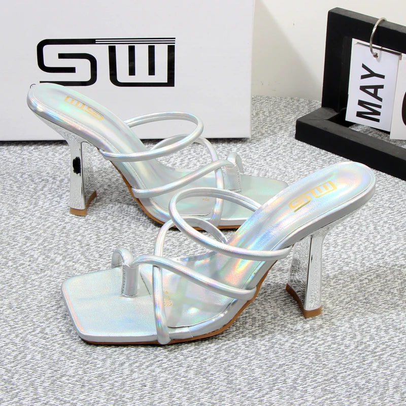 Summer square toe stiletto sandals slippers with a graceful design, featuring a 10cm heel height.