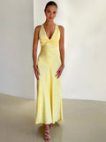 Plunging V-Neck Twisted Knot Bust Satin Bias Cut Maxi Gown