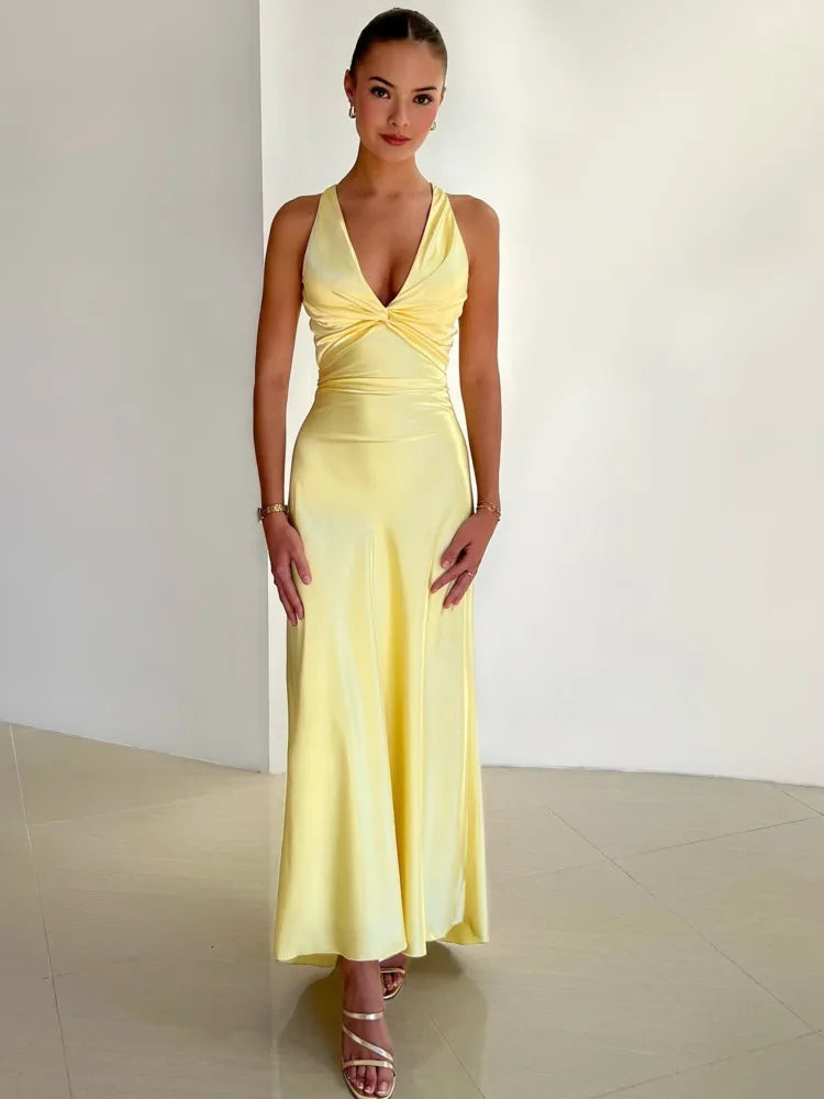 Plunging V-Neck Twisted Knot Bust Satin Bias Cut Maxi Gown