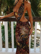 Halter Deep V-Neck Side Cutout Butterfly Print Bodycon Maxi Dress
