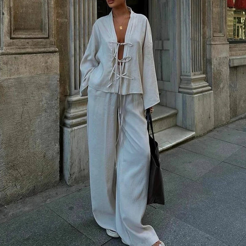 Casual V Neck Lace Up Top and Pants 2 Piece Set New Spring Long Sleeved Loose Suit Simple Solid Color High Street Women Outfits