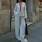 Casual V Neck Lace Up Top and Pants 2 Piece Set New Spring Long Sleeved Loose Suit Simple Solid Color High Street Women Outfits