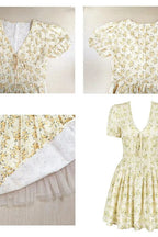 V-Neck Short Sleeve Pleated A-Line Mini Dress with High Waist