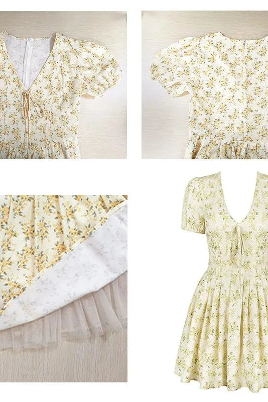 V-Neck Short Sleeve Pleated A-Line Mini Dress with High Waist