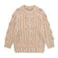 3D Flower Knit Pullover Women Loose Fashion Sequin Round Neck Long Sleeves Jumper Female Autumn Winter Warm Knitwears Lady