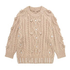 3D Flower Knit Pullover Women Loose Fashion Sequin Round Neck Long Sleeves Jumper Female Autumn Winter Warm Knitwears Lady
