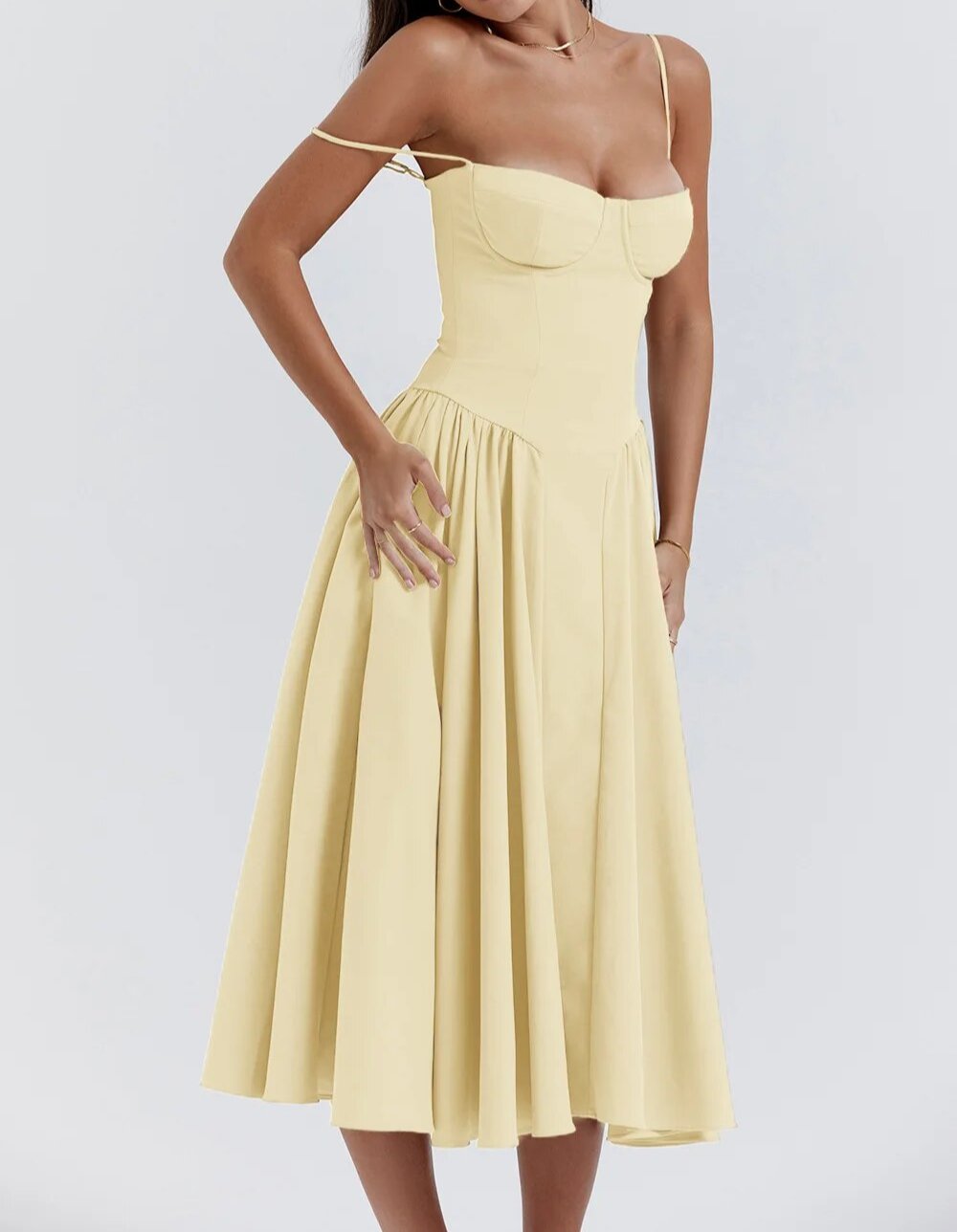 Corset Bodice Basque Waist Pleated A-Line Midi Dress
