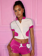 Patchwork Zip Short Sleeve Crop Top Two Piece Shorts Set