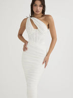 One Shoulder Corset Bodice Ruched Bodycon Midi Dress