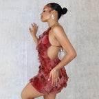 Floral Print Ruffled Mesh Halter Backless Bodycon Mini Dress