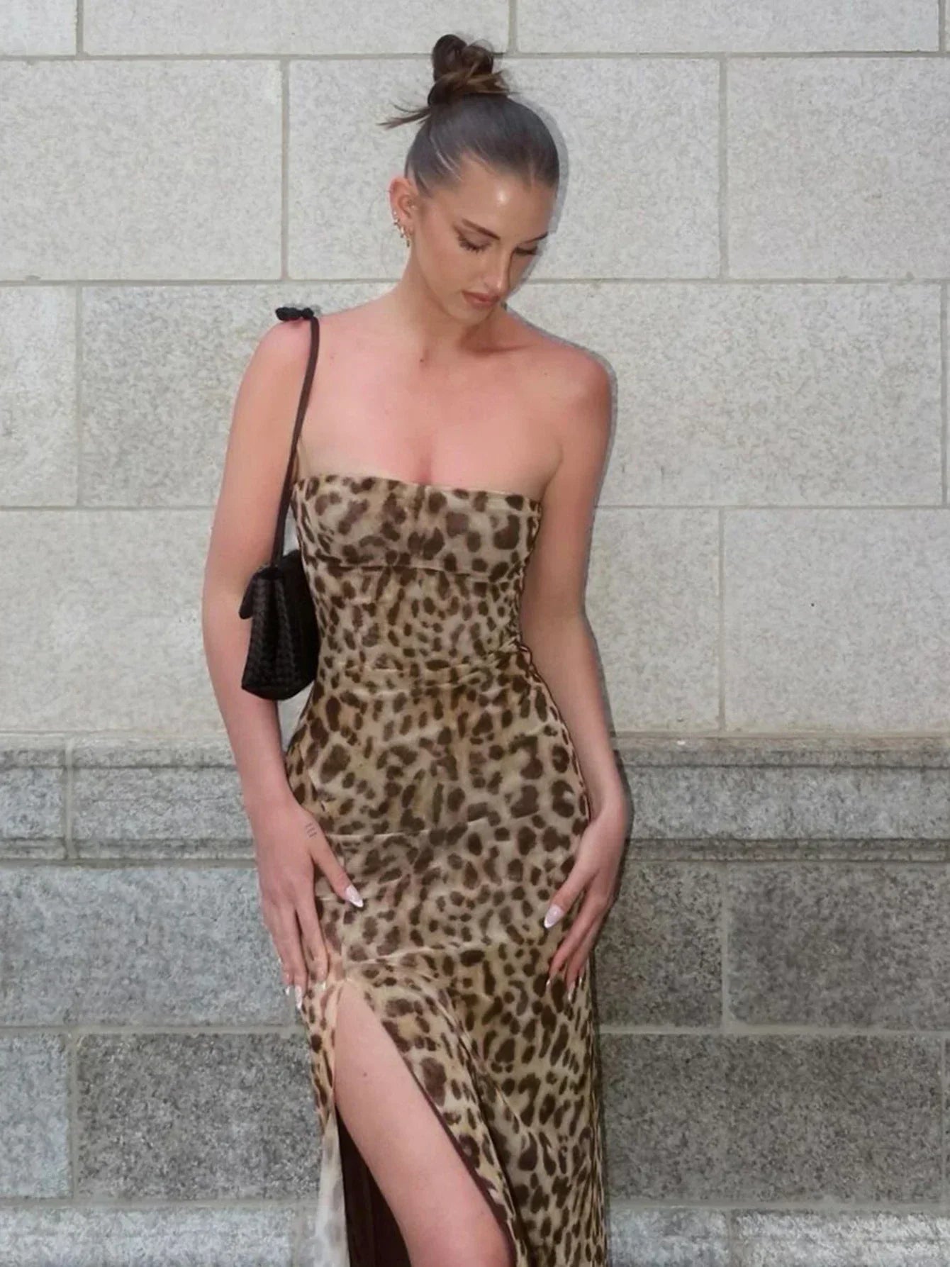 Print Strapless High Split Bodycon Maxi Dress