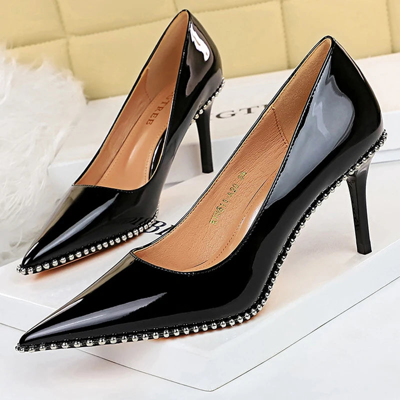 Metal Beads Black Suede High Heel Stiletto Wedding Shoes Women Pumps