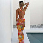 Halter Plunging Neck Cut Out Waist Ring Detail Psychedelic Print Bodycon Maxi Dress