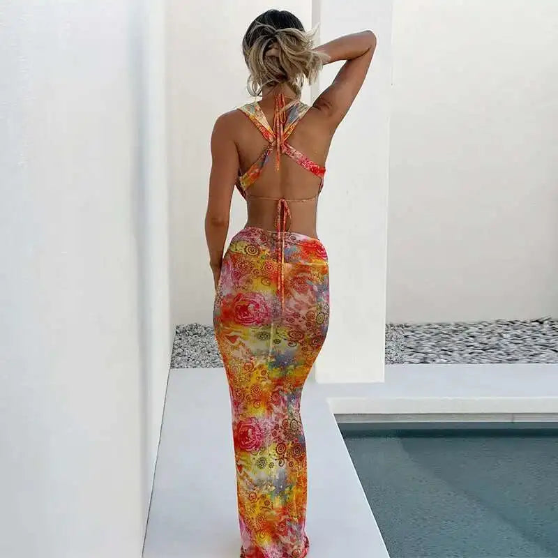 Halter Plunging Neck Cut Out Waist Ring Detail Psychedelic Print Bodycon Maxi Dress