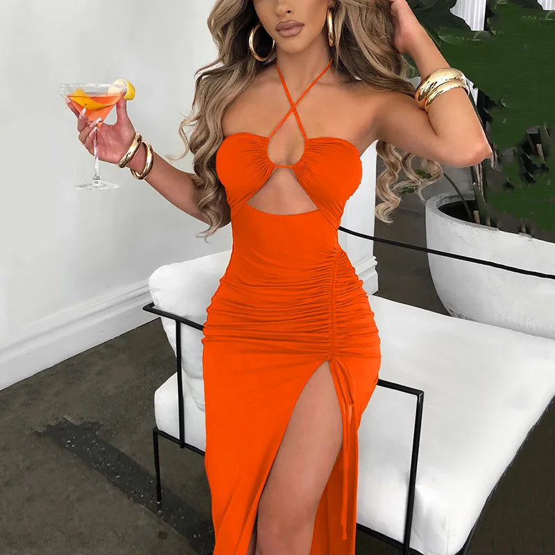 Halter Lace Up Cut Out Ruched Side Slit Bodycon Midi Dress