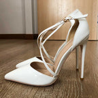White Glossy Patent Cross Strap Stiletto Pumps for Women