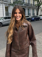 Retro Brown Leather Women's Jacket Skirt Set Fashion Turndown Collar Zipper Long Sleeve Jackets Casual Vintage Short Skirts Sets