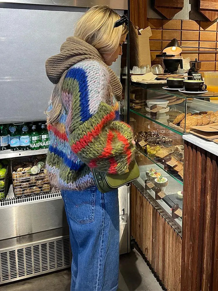Casual Knitted Colorful Stripes Sweater Women Fashion O Neck Puff Long Sleeves Short Pullover Autumn Lady High Street Jumper