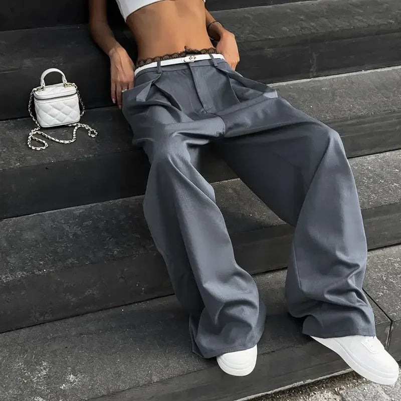 TAVIMART  - Y2K Lace Patchwork Waist Pants Women Baggy Casual Korean Oversize Office Trousers