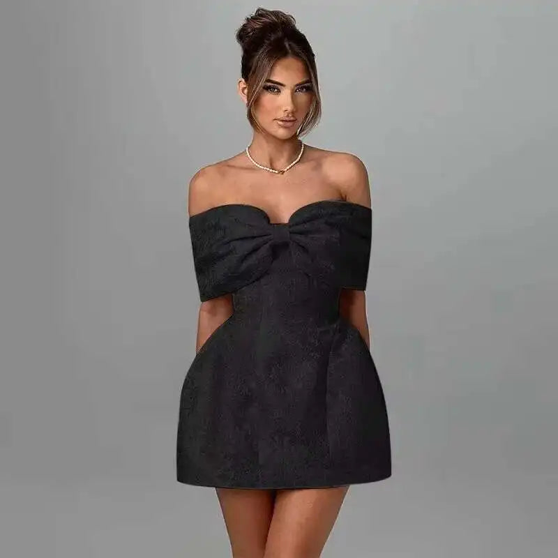 Jacquard Strapless Bow Back Fit and Flare Mini Dress