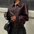 Solid Zipper Leather Jacket For Women Casual Turn-down Collar Long Sleeve Female Coat 2024 New Autumn Casual Ladies Outerwears