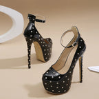 Metal Rivet Round Toe Platform High Heels Pole Dance Shoes
