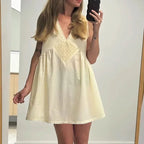 V-Neck Lace Inset Eyelet Panel Gathered Babydoll Flare Mini Dress