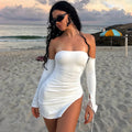 Strapless Ruched Lace Up High Split Detached Sleeve Bodycon Mini Dress