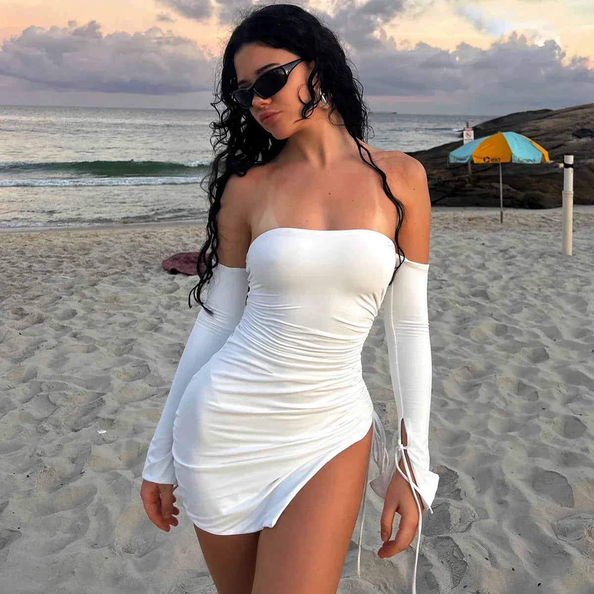Strapless Ruched Lace Up High Split Detached Sleeve Bodycon Mini Dress