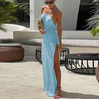 Glitter Knit Halter Backless High Slit Column Maxi Dress