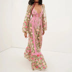 Sheer Floral Embroidered Bishop Sleeve Lace Trim Tiered Maxi Dress