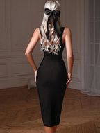 Spaghetti Strap V-Neck Midi Crystal Work Dress