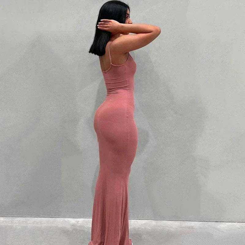 Ribbed Knit Spaghetti Strap Scoop Neck Mermaid Hem Maxi Dress