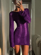 Distressed Ladder Cut Out Long Sleeve Knit Bodycon Mini Dress