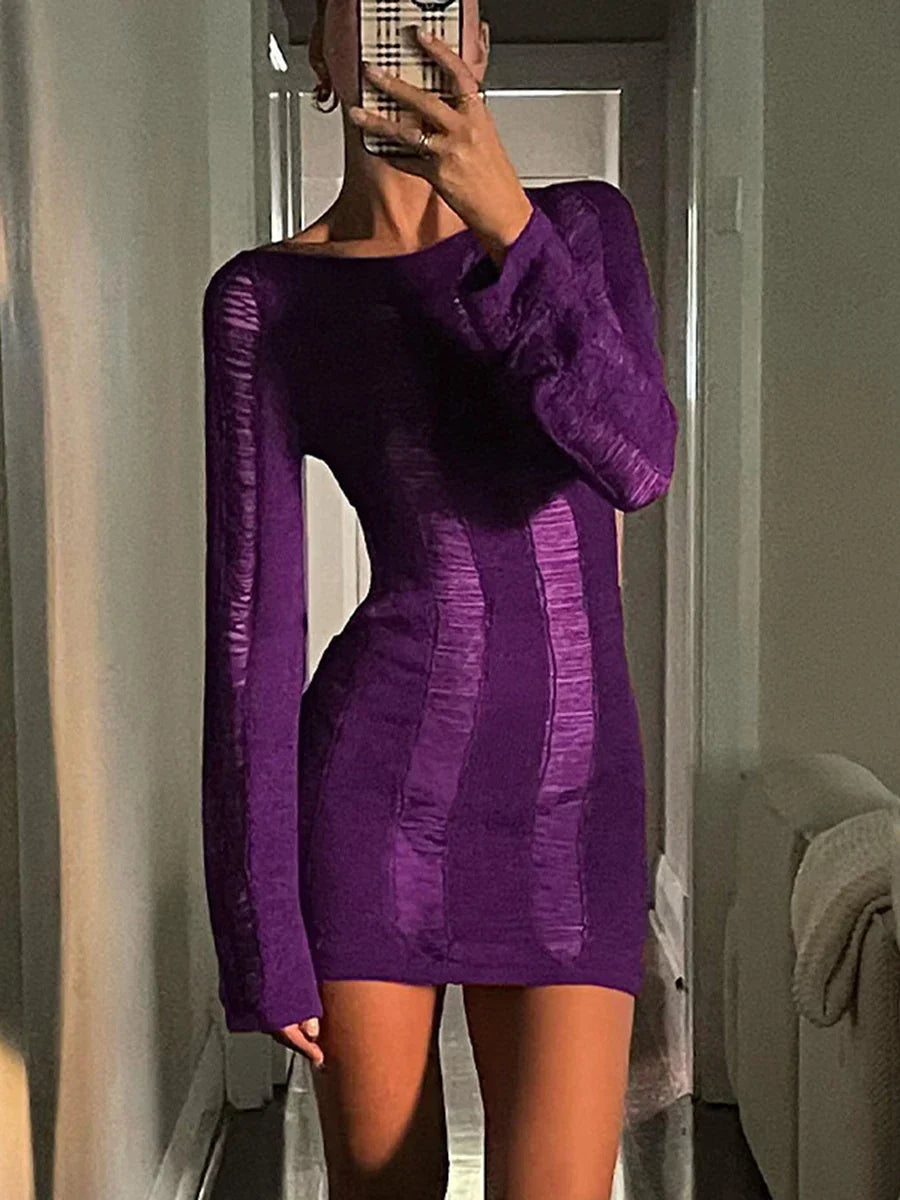 Distressed Ladder Cut Out Long Sleeve Knit Bodycon Mini Dress