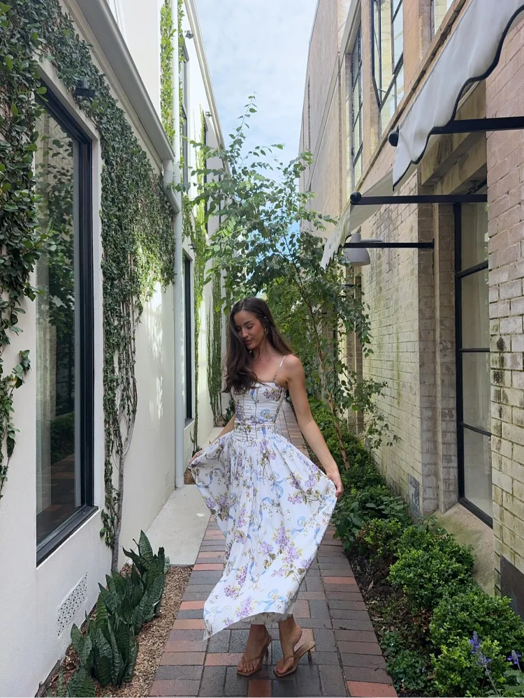 Strapless Corset Bodice Floral Ribbon Print Ball Gown Maxi Dress